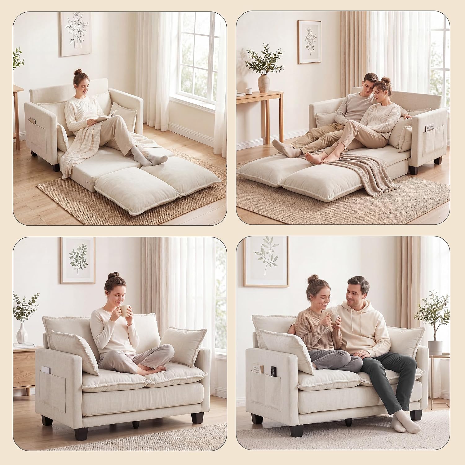 49" Loveseat Sofa Bed, 2 in 1 Convertible Small Sofa Pull Out Couch Bed Chenille Deep 2 Seat Sleeper Twin XL Futon Mattress for Small Spaces Living Room Bedroom Apartment Office, Beige