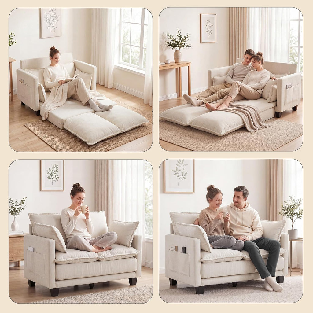 49" Loveseat Sofa Bed, 2 in 1 Convertible Sofa Bed Small Pull Out Couch Bed Chenille 2 Seat Sofa 85" Sleeper Futon Mattress for Small Spaces Living Room Bedroom Apartment Office 8836-BEIGE