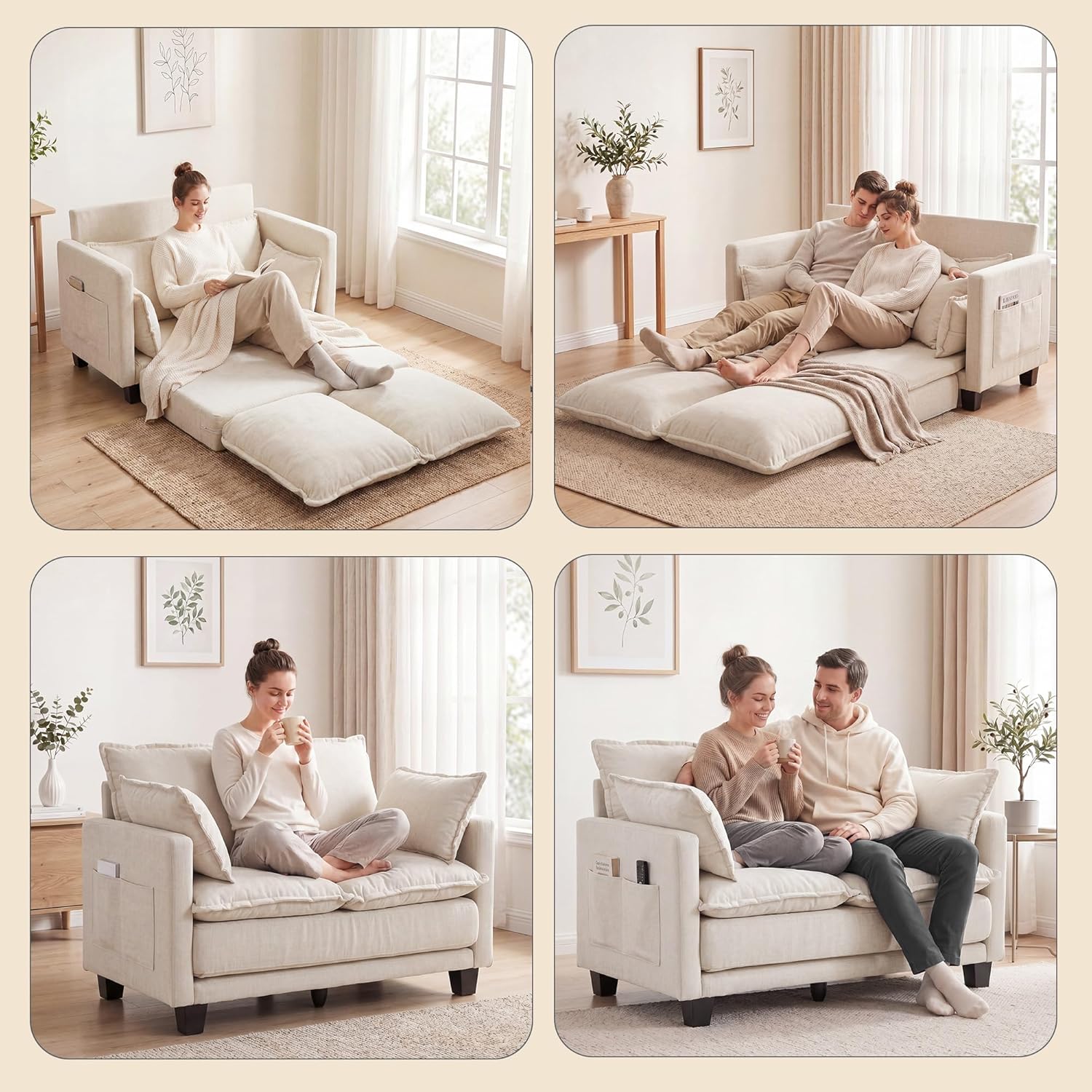 49" Loveseat Sofa Bed, 2 in 1 Convertible Sofa Bed Small Pull Out Couch Bed Chenille 2 Seat Sofa 85" Sleeper Futon Mattress for Small Spaces Living Room Bedroom Apartment Office 8836-BEIGE