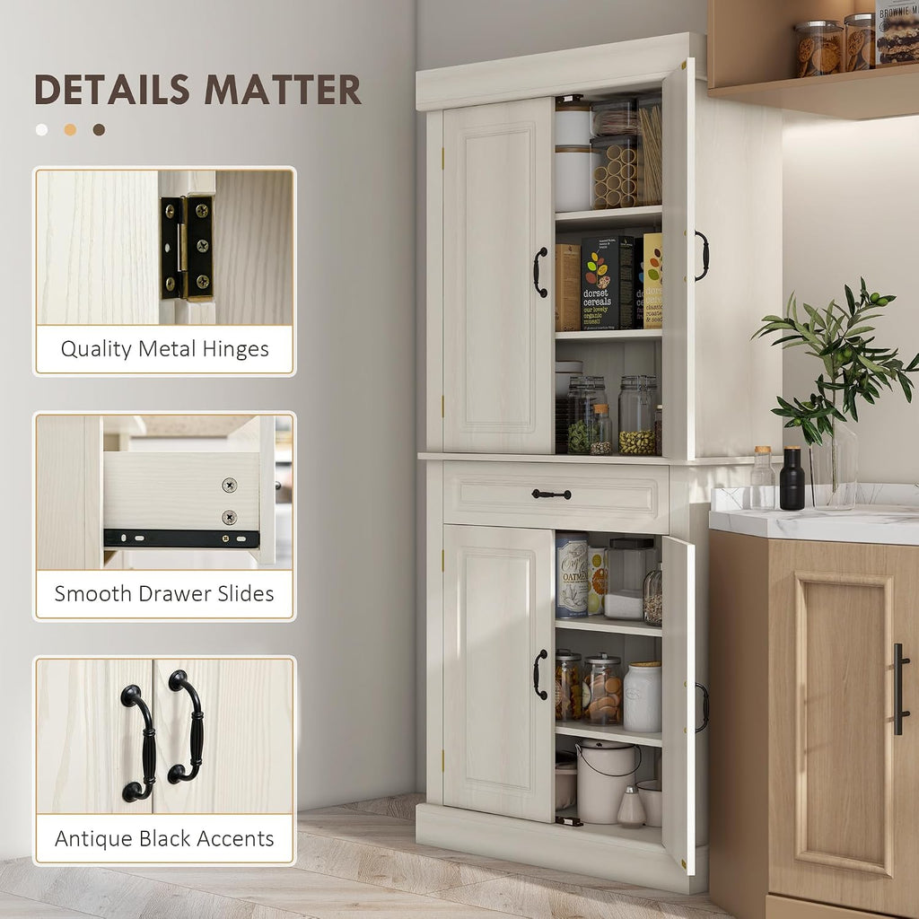 HOMCOM 71" Freestanding Kitchen Pantry Cabinet, Tall Storage Cabinet with 4 Doors and Drawer for Dining Room, Distressed White