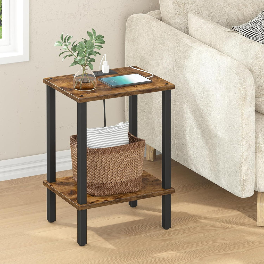 TUTOTAK End Table with Charging Station, Side Table with USB Ports and Outlets, Nightstand, 2-Tier Storage Shelf, Sofa Table for Small Space TB01BB040