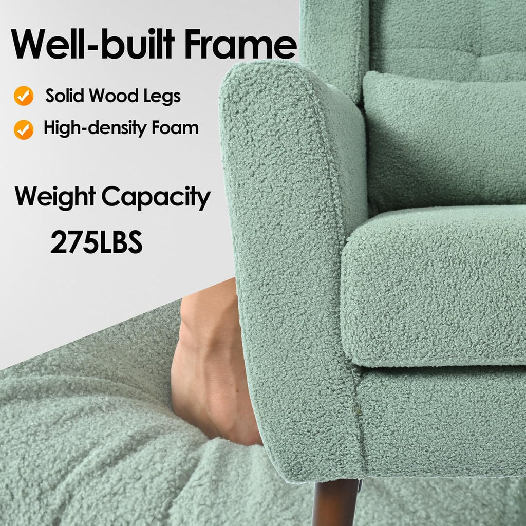 Accent Chair, Comfy Upholstered Living Room Chairs with High Tufted Backrest and Pillow, Wingback Reading Chair with Solid Wood Legs for Bedroom/Office,Teddy Fabric, Light Green