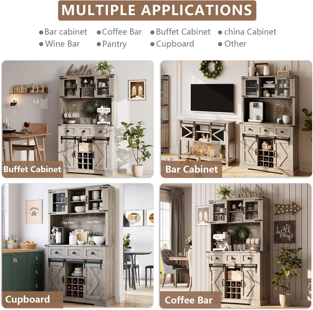 72" Kitchen Pantry Storage Cabinet with Hutch and Sliding Barn Door, Farmhouse Tall Buffet Cabinet with Drawers, Large Coffee Bar with Wine & Glasses Rack, for Home Living Room, Grey