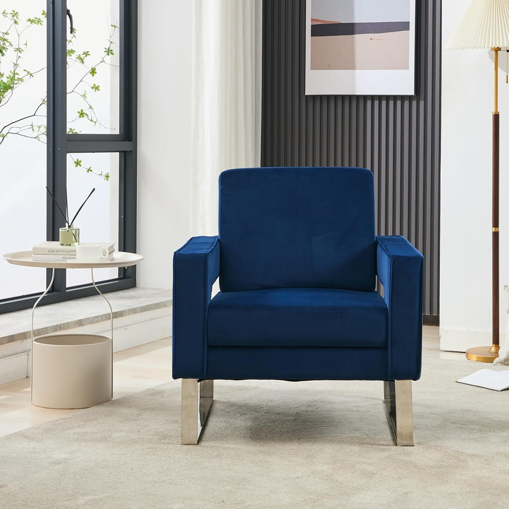 Velvet Accent Chair, Modern Blue Accent Chair for Living Room, Upholstered Living Room Chair for Home Office, Stainless Steel Sliver Base