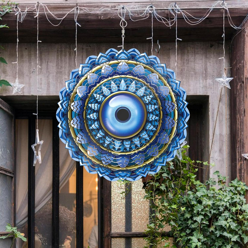 Blue Evil Eye Hanging Wind Spinners Outdoor Metal Evil Eye Decor Mandala 3D Stainless Steel Wind Spinner Protective Amulet for Home Outdoor Garden Yard Decoration (Layered)