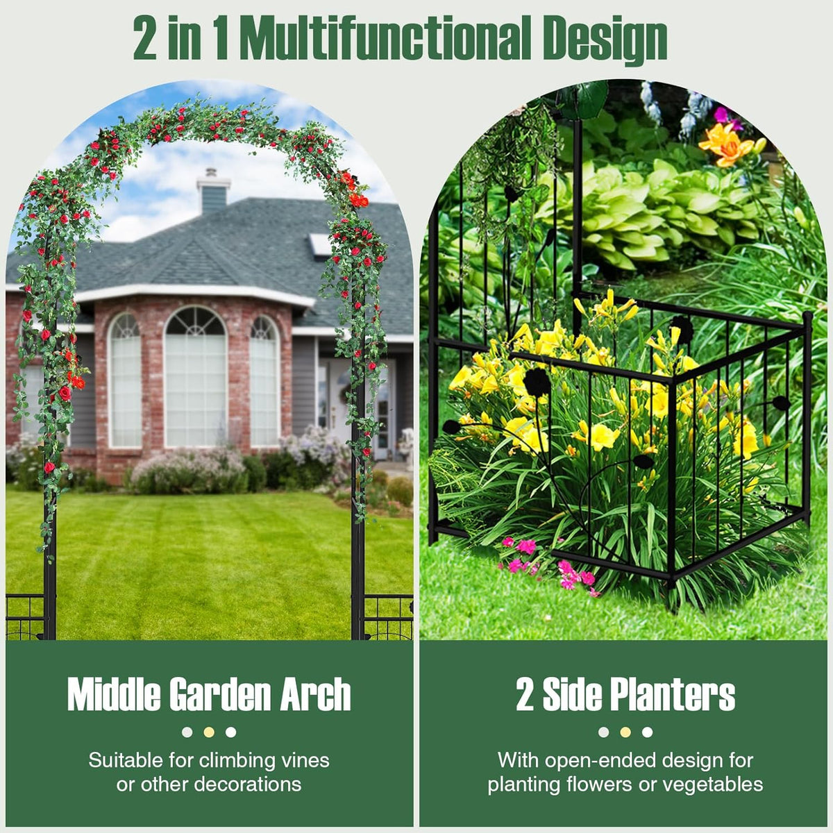 Moccha Garden Arbor with Planters - 86'' Metal Arbor Trellis for Climbing Plants, Ivy, Vines, Outdoor Archway Pergola with 8 Ground Stakes, Garden Arch for Wedding Ceremony Decoration Lawn Patio