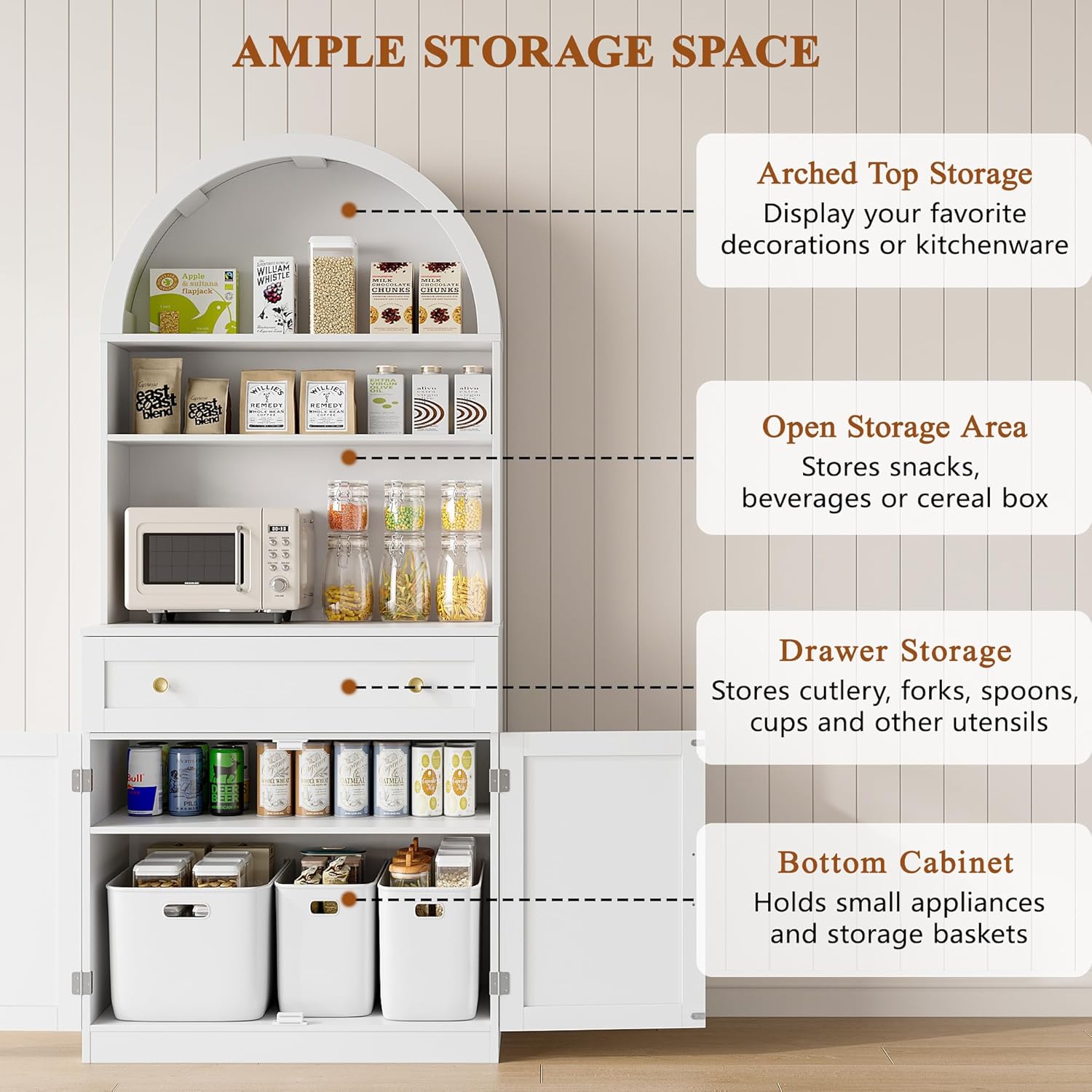 71" Tall Arched Kitchen Pantry Cabinet, Modern Kitchen Storage Cabinets with Hidden Drawer and Spacious Countertop, Wooden Storage Pantry Cabinet for Living Room, Dining Room, White
