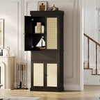 69'' Tall Pantry Cabinet with Rattan Doors, Slim Kitchen Cabinet for Narrow Spaces, Black Wood Storage Shelves with Drawer and Adjustable Shelves for Dining Room