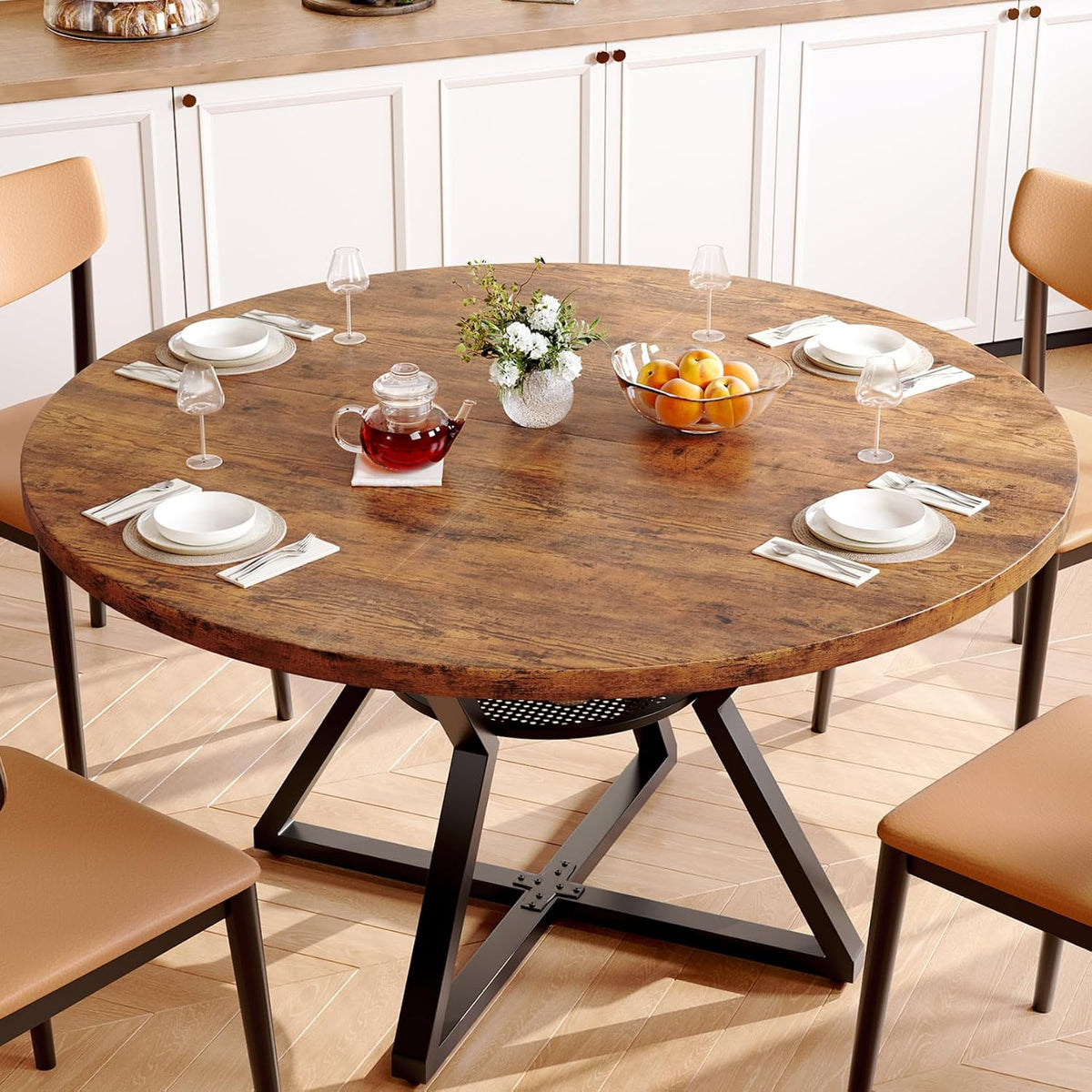 Concho 55" Round Kitchen Table for 4-6, Circle Dining Dinner Table with Pedestal Metal Frame, Space Saving Wood Kitchen & Dining Room Furniture, Rustic Brown