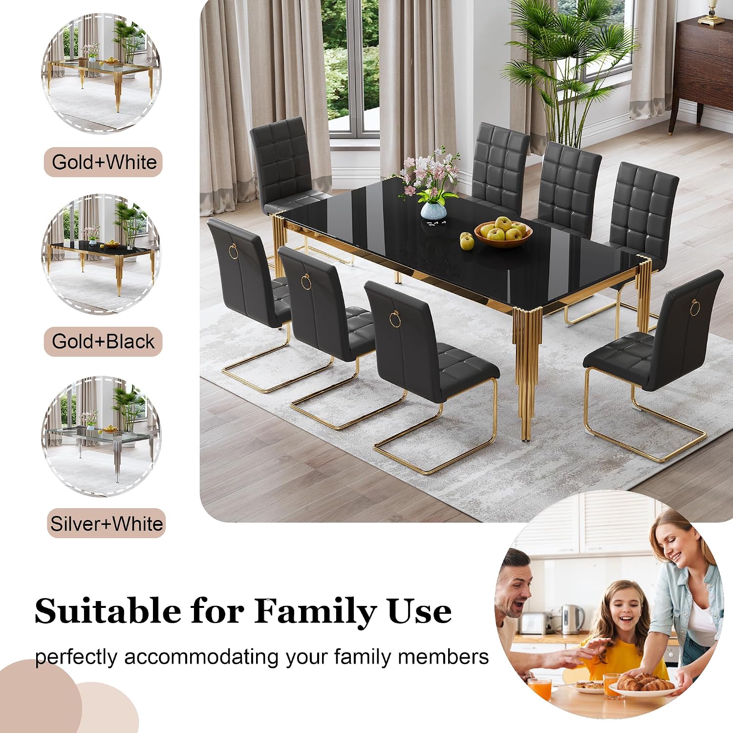 80" Large Glass Dining Table, Modern Rectangle Kitchen Table with Gold Stainless Steel Tubular Legs and Tempered Glass Top for Dining Room, Kithchen(Black)