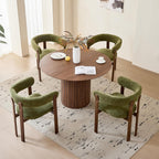 47" Round Dining Table Set for 4, Walnut Wood Grain Tabletop with 4 Green Chenille Upholstered Armchairs, Thick Cushions and Sturdy Metal Frames
