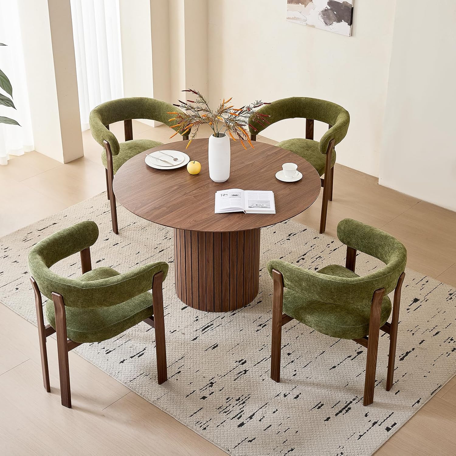 47" Round Dining Table Set for 4, Walnut Wood Grain Tabletop with 4 Green Chenille Upholstered Armchairs, Thick Cushions and Sturdy Metal Frames