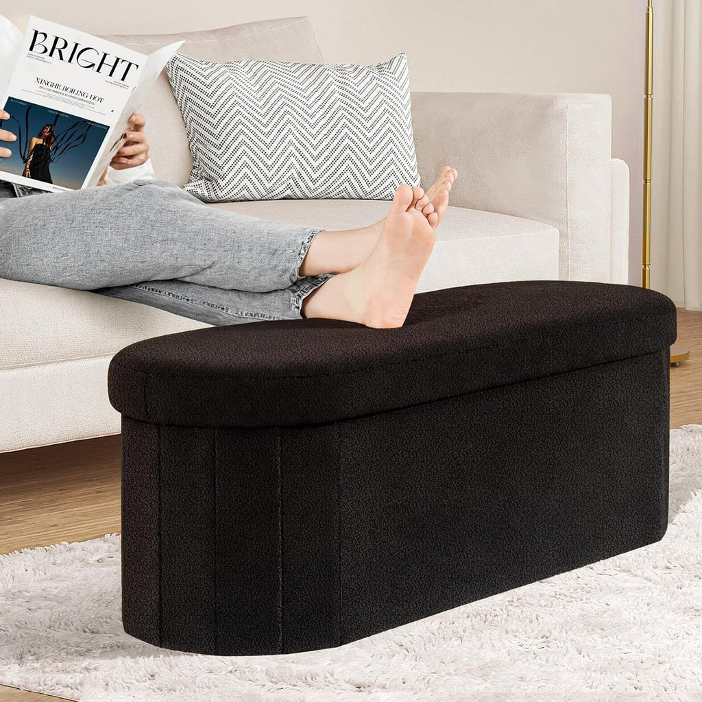 PINPLUS Storage Ottoman Bench Tufted Oval Ottomans Bench Foot Rest, Chest Box Velvet Bench with Storage 43"x15"x15" (Black)