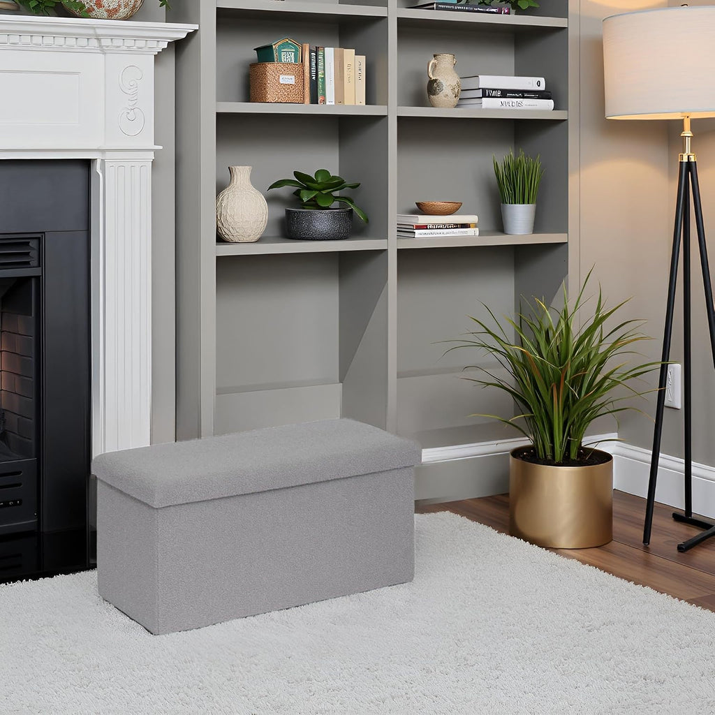 PINPLUS Folding Storage Ottoman Bench, Sherpa Ottoman with Storage, Large Long Shoes Bench Chest with Lid, Footrest for Living Room, Entryway, Grey 30'' x 15'' x 15''