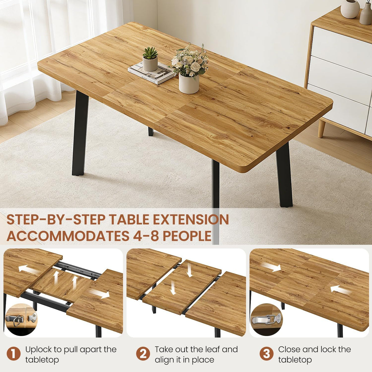 Extendable Dining Table for 4 to 8 People, 47.2" to 63" Modern Kitchen Table with Removable Extension Leaf, MDF Expandable Dining Room Table Compact for Small Spaces, Walnut
