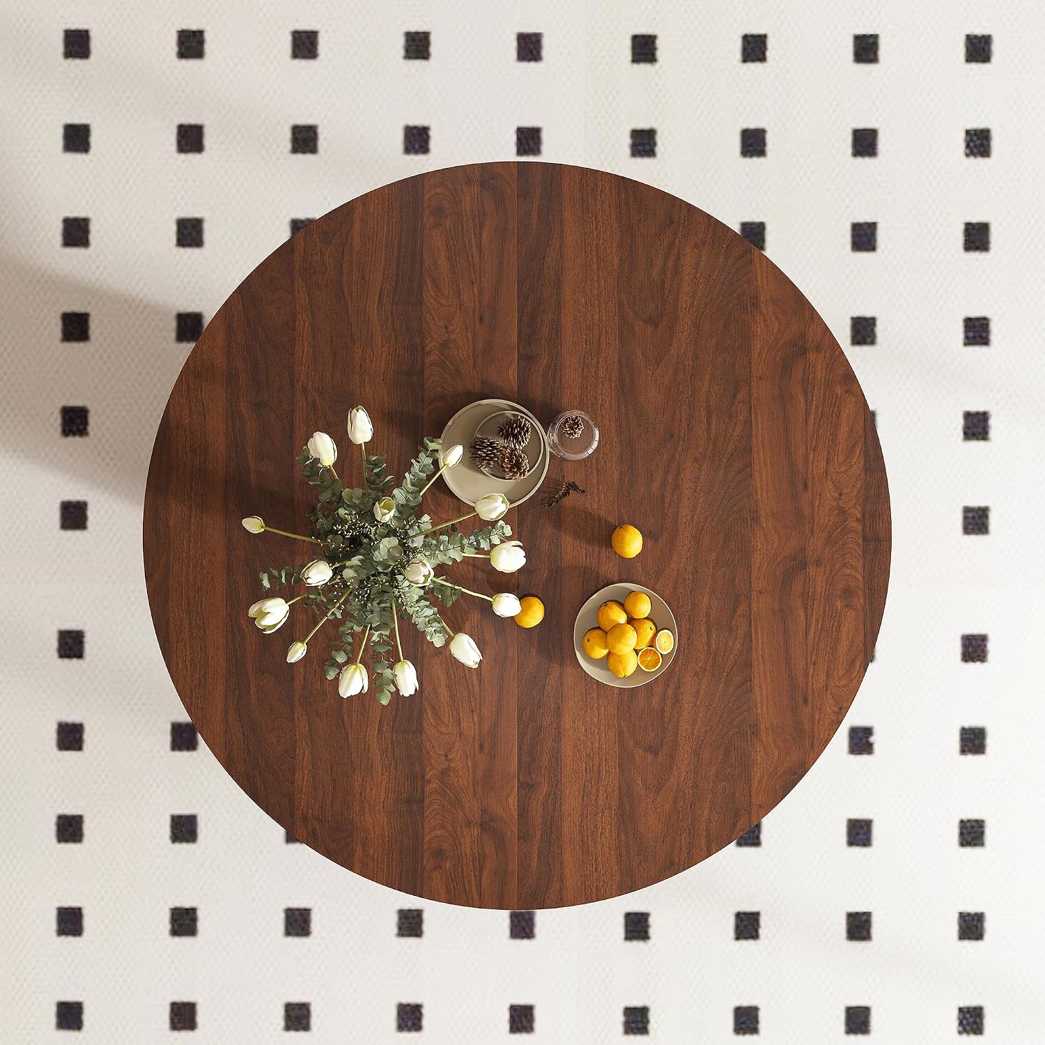 Round Dining Room Table, Farmhouse Kitchen Table with Wood Strip Base, 47.2“ Circle Table with Walnut Veneer Finish, Easy Assembly