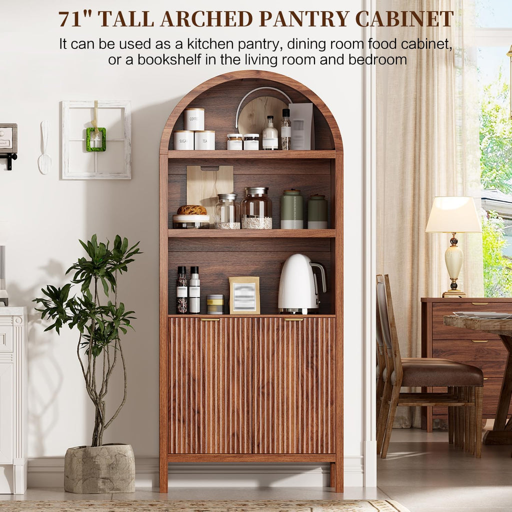 Ieejdn 71" Tall Arched Kitchen Pantry,Modern Fluted Wood Storage Cabinet with Doors,Adjustable Shelves,Organizer, Versatile Cupboard for Kitchen,Living Room,Dining Room,Bathroom,Walnut3