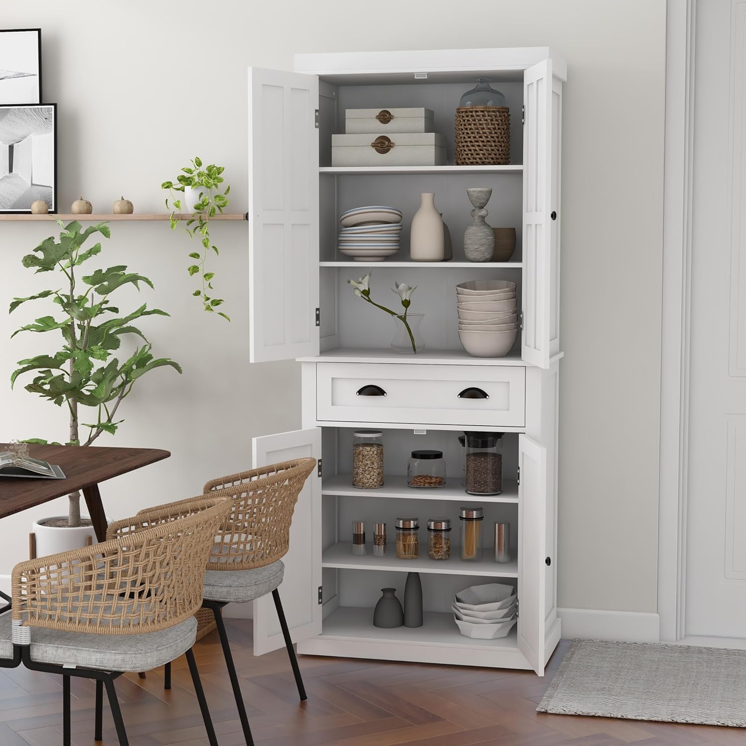 RASOO 70.87" Hutch Cabinet with Storage Freestanding White Pantry Storage Cabinet with 1 Drawer and 4 Doors, 3 Adjustable Shelves Inside of The Buffet Cabinet