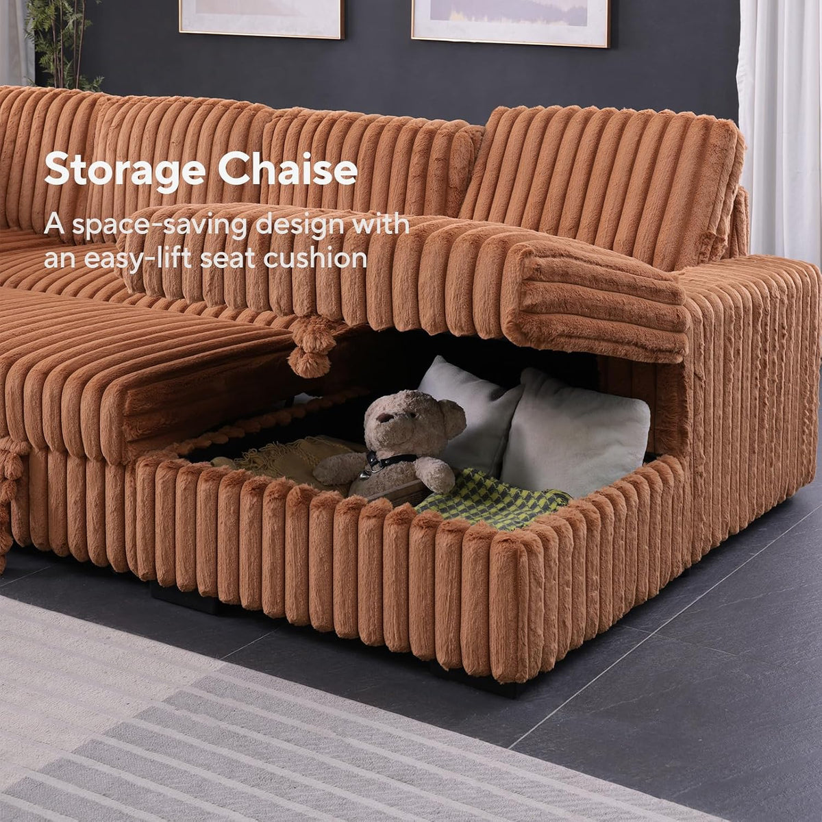 122'' Convertible U-Shaped Faux Rabbit Fur Plush Sectional Sleeper Sofa, Upholstered Cloud Couch Pull-Out Sofa Bed with Storage Chaise for Living Room (Orange, 122'' x 95.6'')