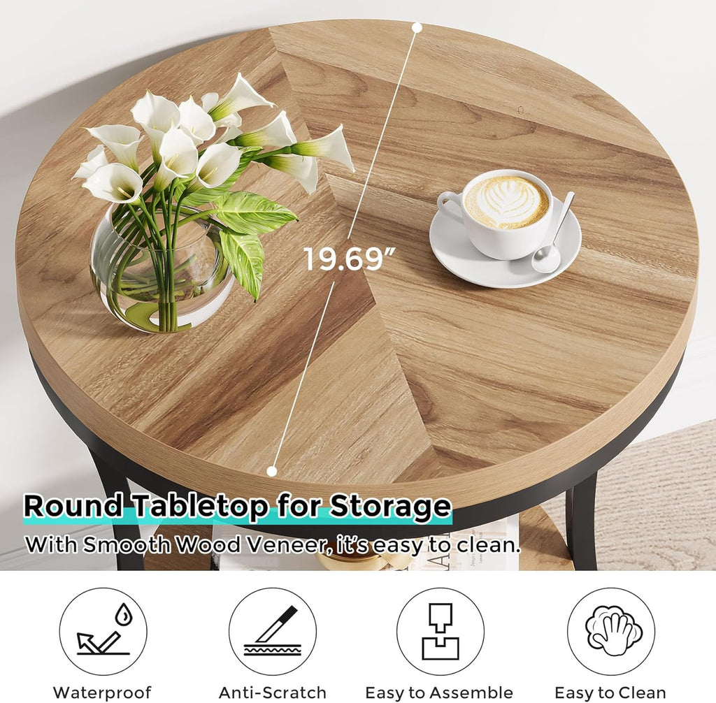 Round End Table, 2 Tier Industrial Side Table, Accent Bedside Table Nightstand with Metal Frame for Living Room, Bedroom, Small Spaces, Easy Assembly, Light Brown & Black