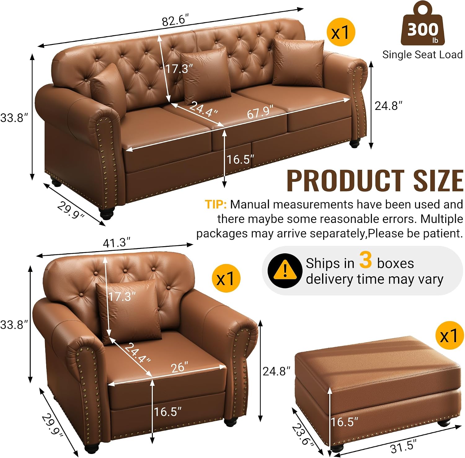 KEIKI 2-Piece Chesterfield Sofa Set with 1 Faux Leather 3-Seater Sofa & 1 Single Sofa, Upholstered 4-Seater Couch Set with Nailhead Trim & Rolled Arms & 1 Ottoman & 4 Pillow, for Living Room, Brown