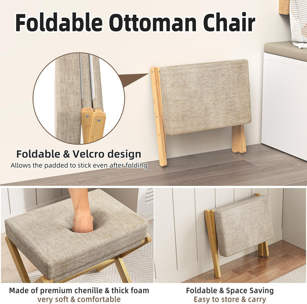BAMBOOHOMIE Foldable Foot Stool Ottoman, Modern Foot Rest with Bamboo X Legs & Thick Foam Cushion, Folding Foot Stools Small Padded for Bedroom Living Room, Footstool for Chair Couch (Natural - Brown)