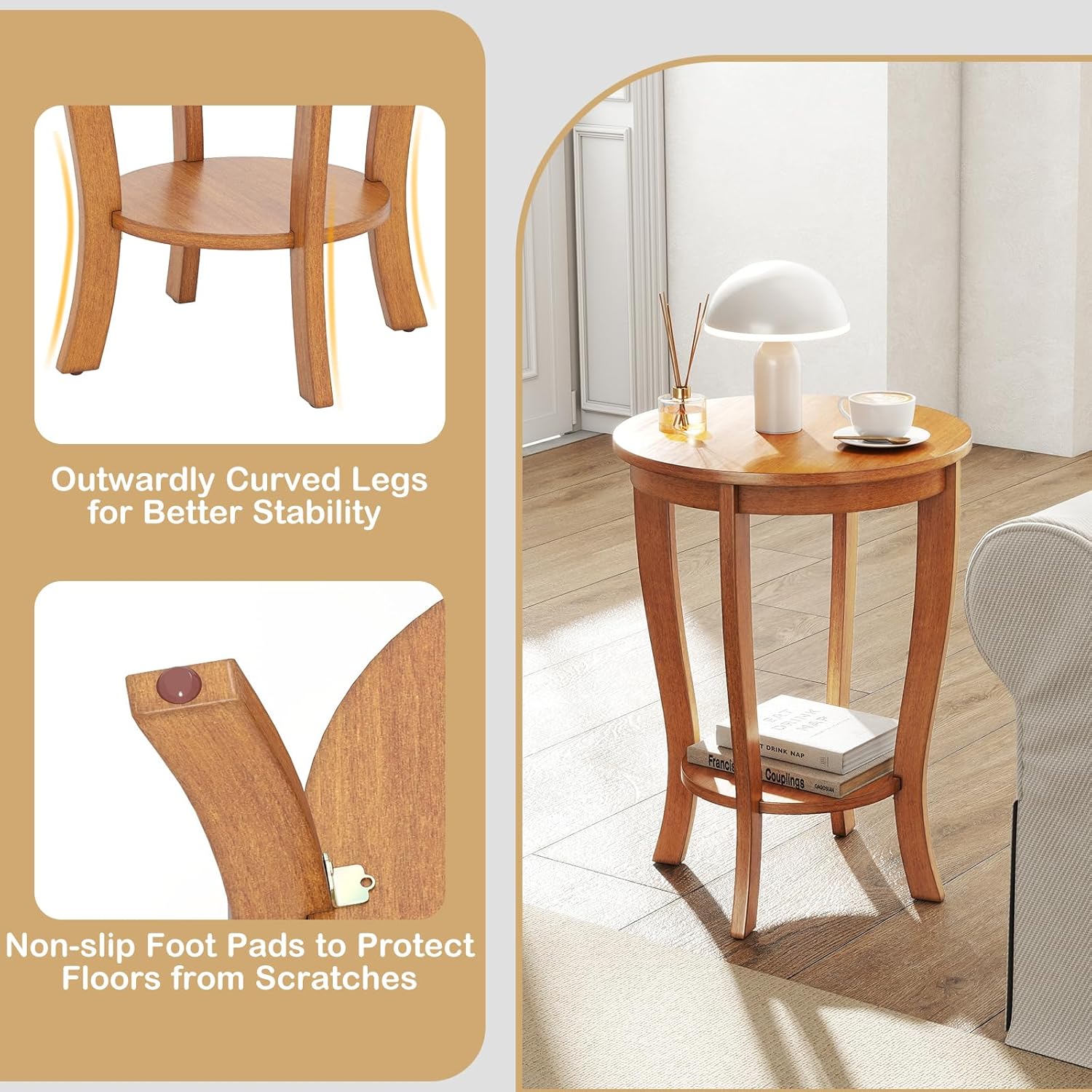Giantex Round End Table Set of 2, Retro Nightstand with Storage Shelf & Solid Wood Legs, 24.5" Accent Side Table for Small Spaces, Wood Night Stand for Living Room Bedroom, Light Brown
