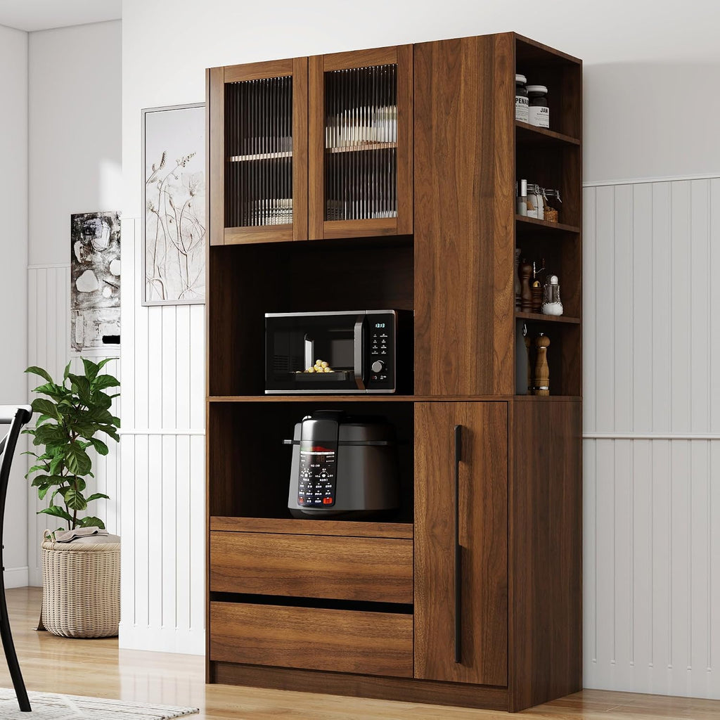 71" Tall Kitchen Pantry Cabinet with Storage, Farmhouse Kitchen Storage Cabinet with 4-Tier Side Shelf & 2 Drawers, Freestanding Cupboard with Glass Door and Microwave Stand for Dining Room, Walnut