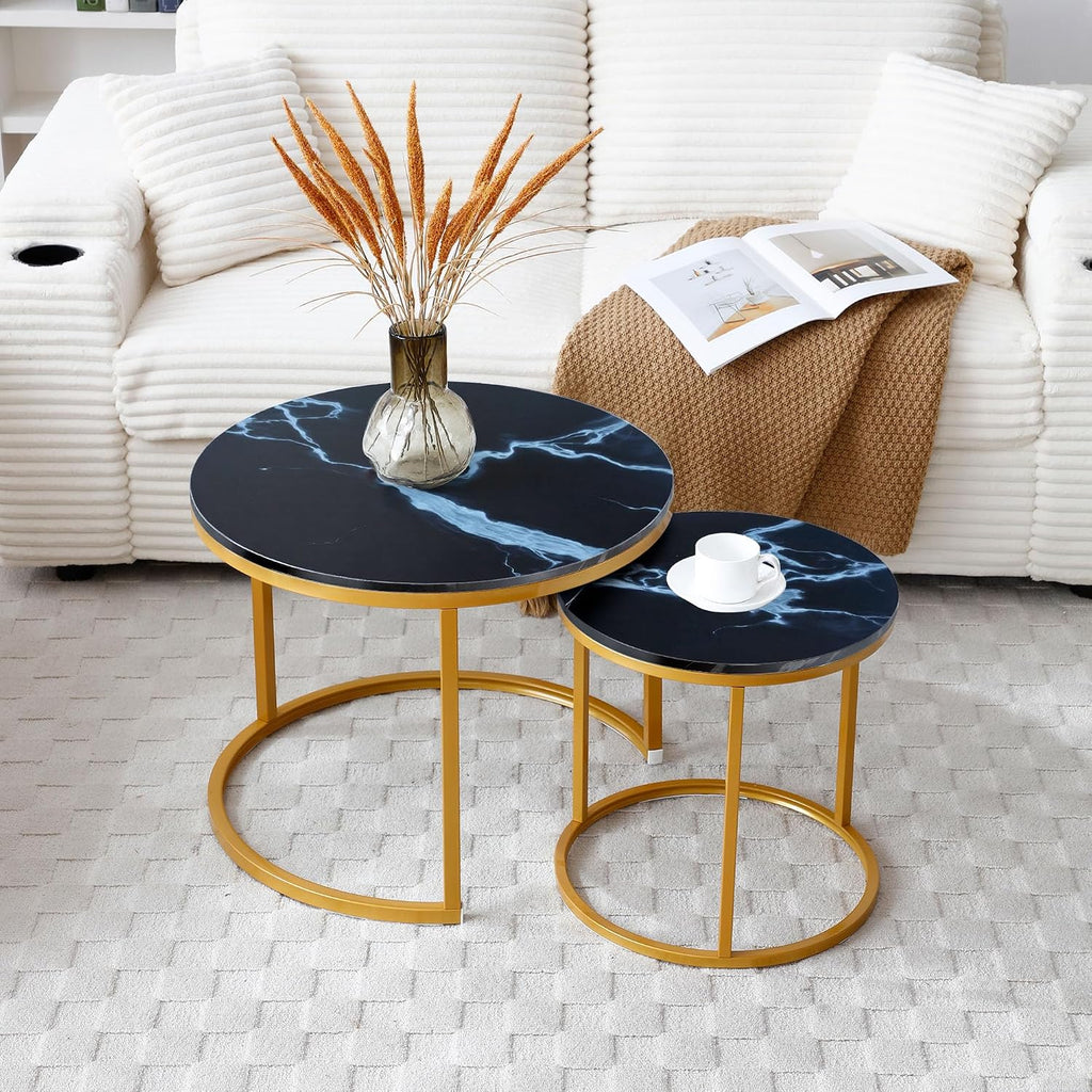 Anwick Set of 2 Circular Coffee Table, Nesting Design for Living Room, Small Round & Circle Coffee Table for Apartment, Sturdy Metal Frame (Black+Gold)