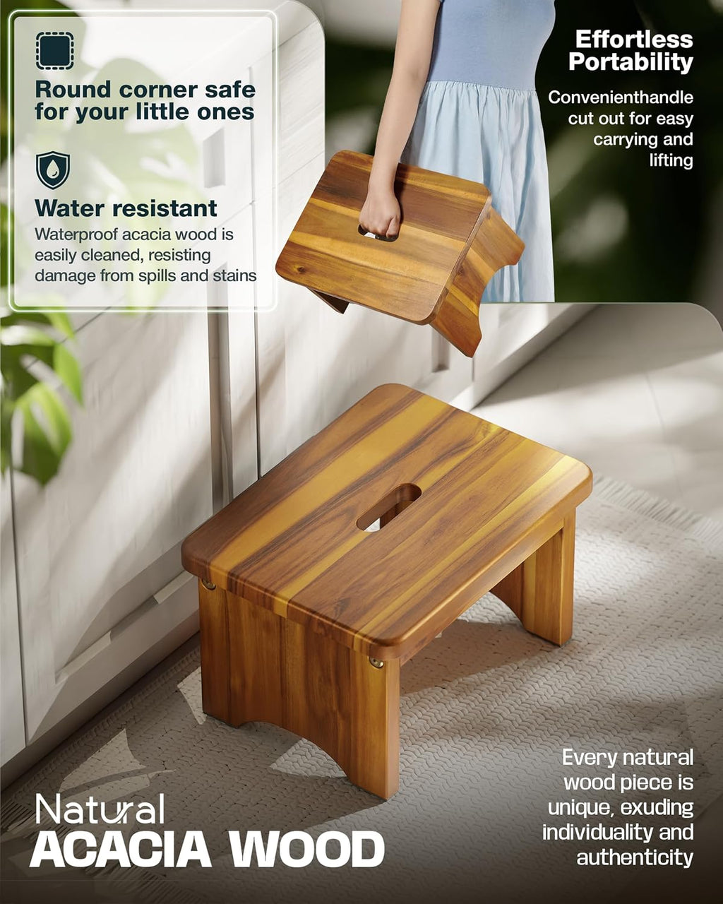 FANATU 9" Wooden Bed Step, Heavy Duty Step Stool for Adults with Handle | Wooden Beside Step With 550 Lb Capacity, Strong Construction, Carry Handle, Non-Slip Feet For Bedroom, Kitchen & Bathroom Use