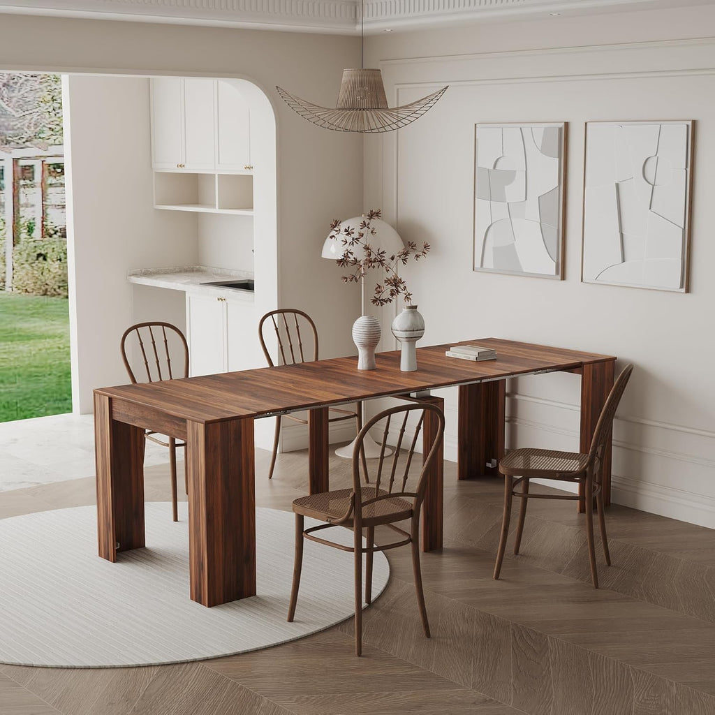 Extendable Dining Table, Transformer Extra Console Table for 1-12 People, Folding Space Saving Dining Room Table for Homes, Apartments, Walnut