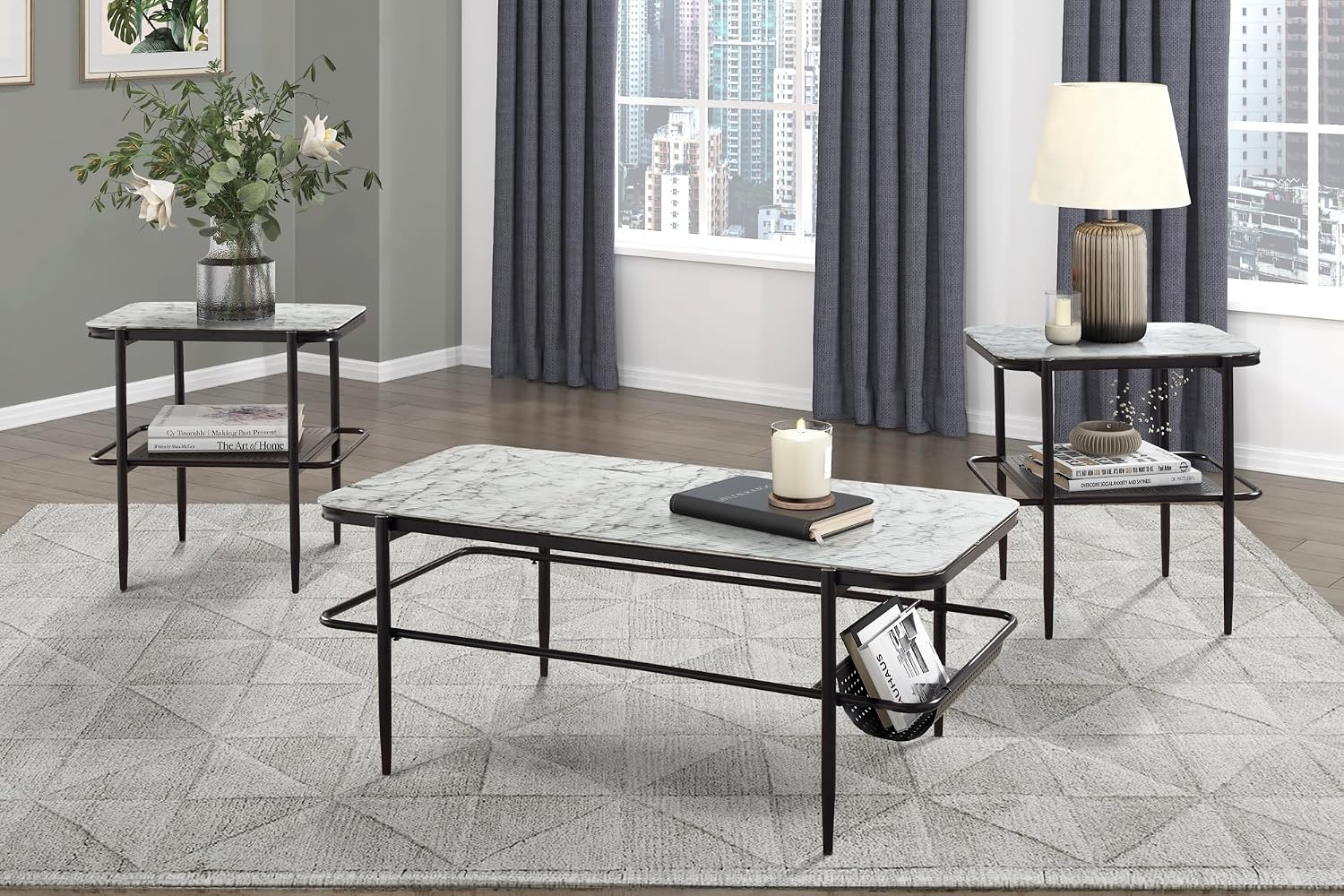 3pc Occasional Table Set with Tempered Glass and Metal Base | Includes 1 coffee table and 2 end tables with white marble print tempered glass tops
