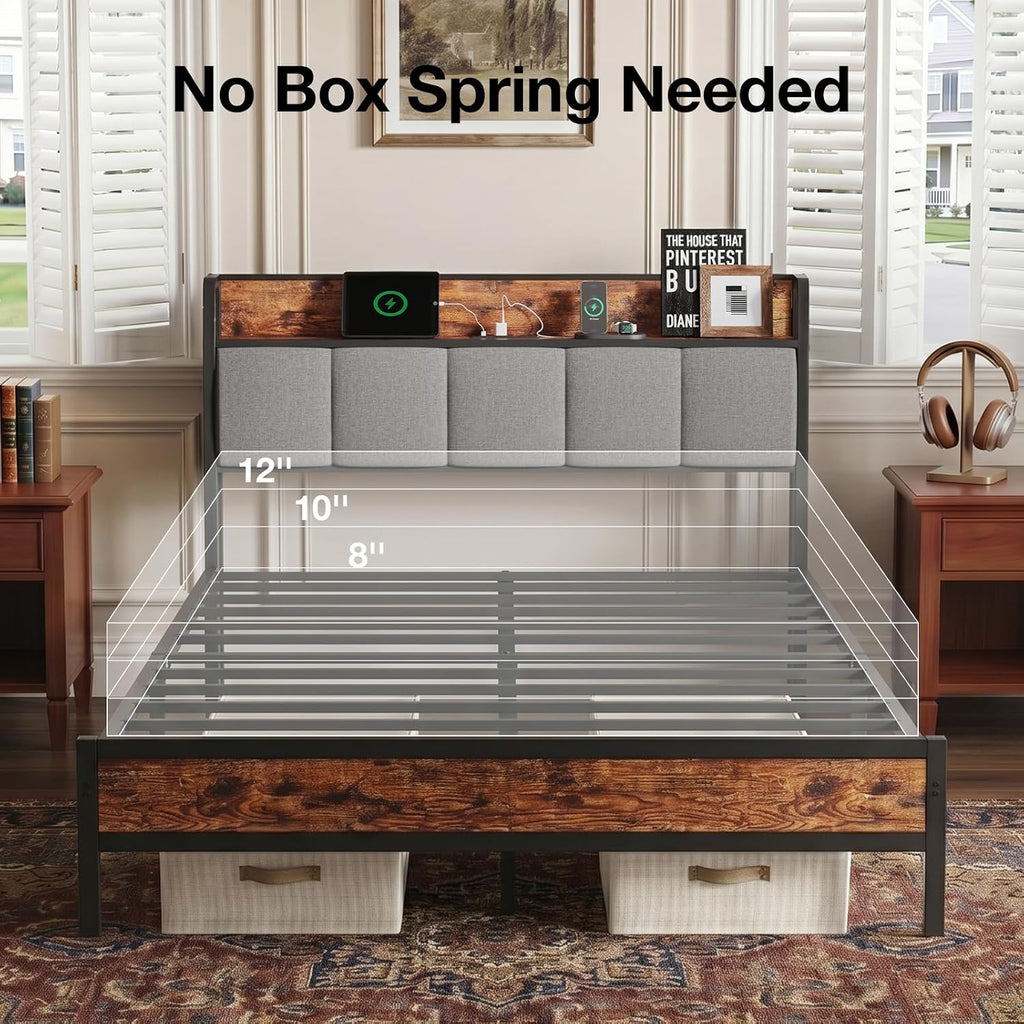 Novilla Queen Bed Frame with Charging Station & Storage Headboard, Modern Upholstered Platform Bed Frame, Heavy Duty Metal Slats, Noise Free, No Box Spring Needed