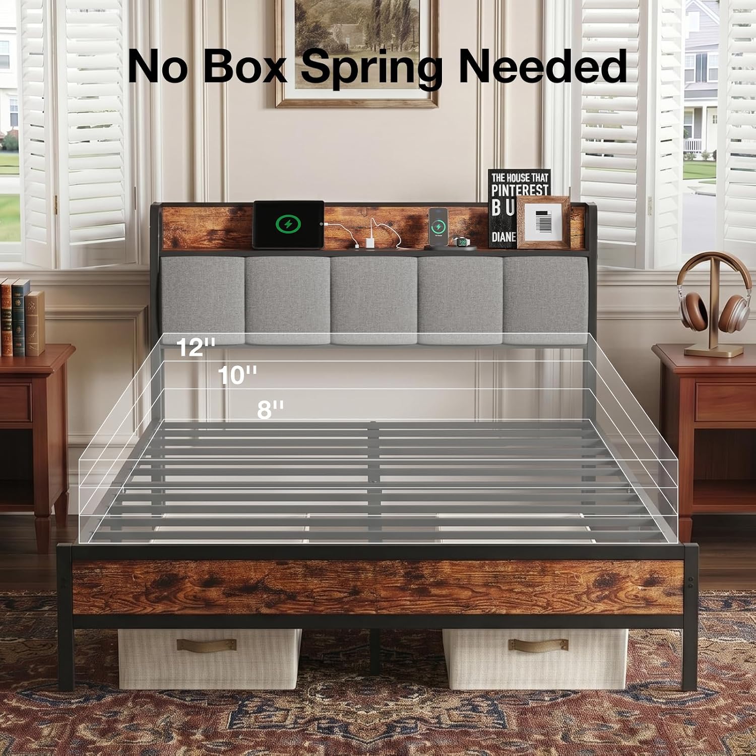 Novilla Queen Bed Frame with Charging Station & Storage Headboard, Modern Upholstered Platform Bed Frame, Heavy Duty Metal Slats, Noise Free, No Box Spring Needed