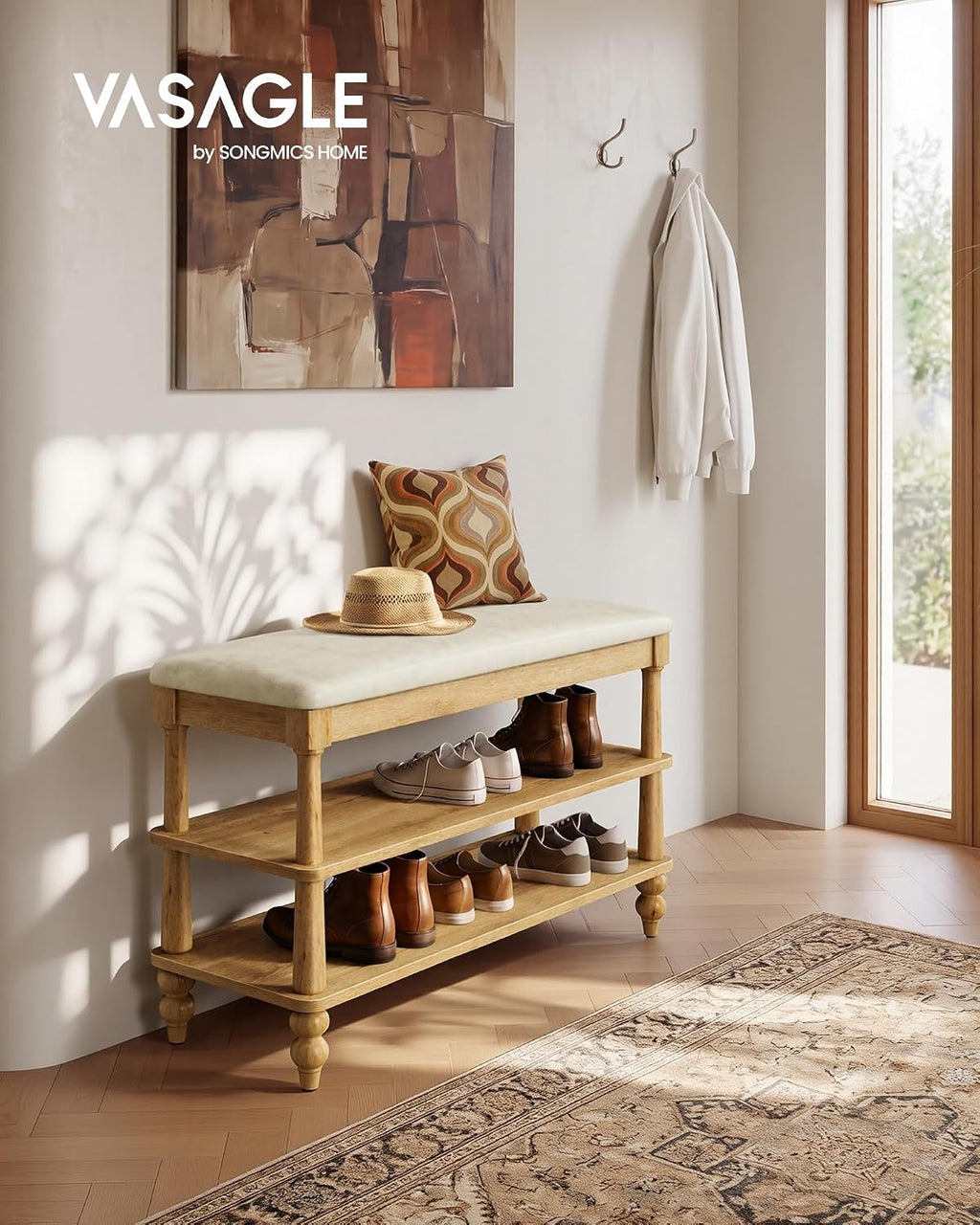 VASAGLE Mariel Collection - Shoe Bench, Wooden Entryway Bench with Padded Seat, 2-Tier Shoe Storage Rack, 31.5 x 11.6 x 19.7 inches, for Entryway and Bedroom, Natural Brown ULSB180K101S