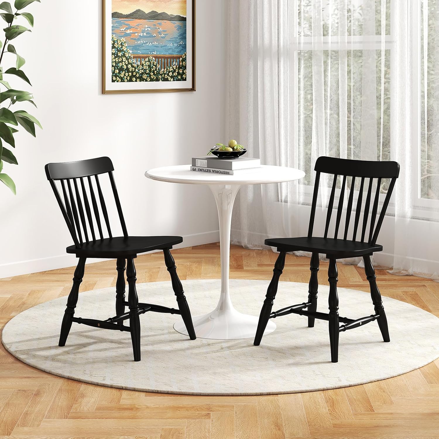 Giantex Black Windsor Dining Chairs Set of 4, Farmhouse Rubber Wood Kitchen Chairs with Turned Legs, Curved Spindle Back & Contoured Sat, Wooden Dining Room Chair for Living Room Restaurant