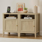EYYTHUNG Farmhouse End Table with Charging Station Set of 2, Modern Nightstands with Storage and Open Shelf, Bedside Tables for Bedroom, Living Room, Light Oak