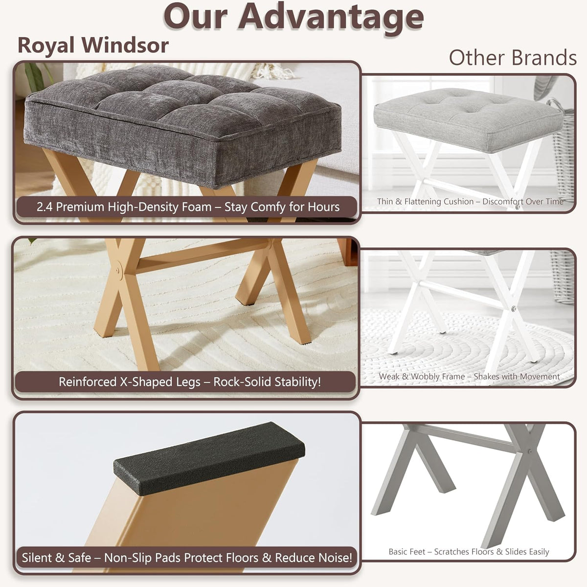 Royal Windsor Vanity Stool,Small Makeup Chair with Metal X Legs | Square Foot Stool,Modern Vanity Chair,Upholstered Vanity Seat for Entryway,Bedroom and Living Room,Dark Grey+Yellow