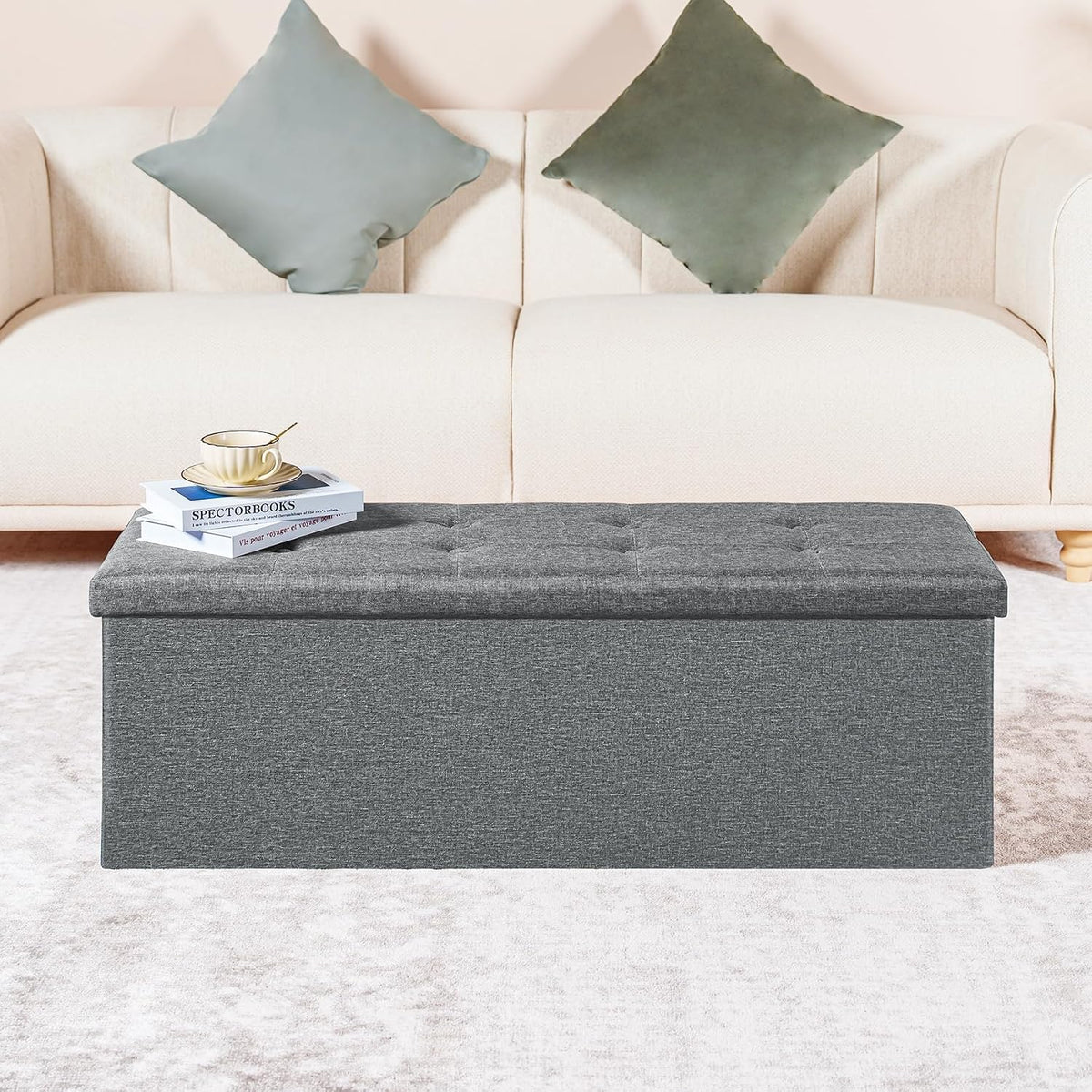 PINPLUS Folding Storage Ottoman Bench, Grey Linen | Linen Storage Chest with Padded Seat, Blanket Organizer, Footrest Stool and End of Bed Bench for Bedroom or Living Room