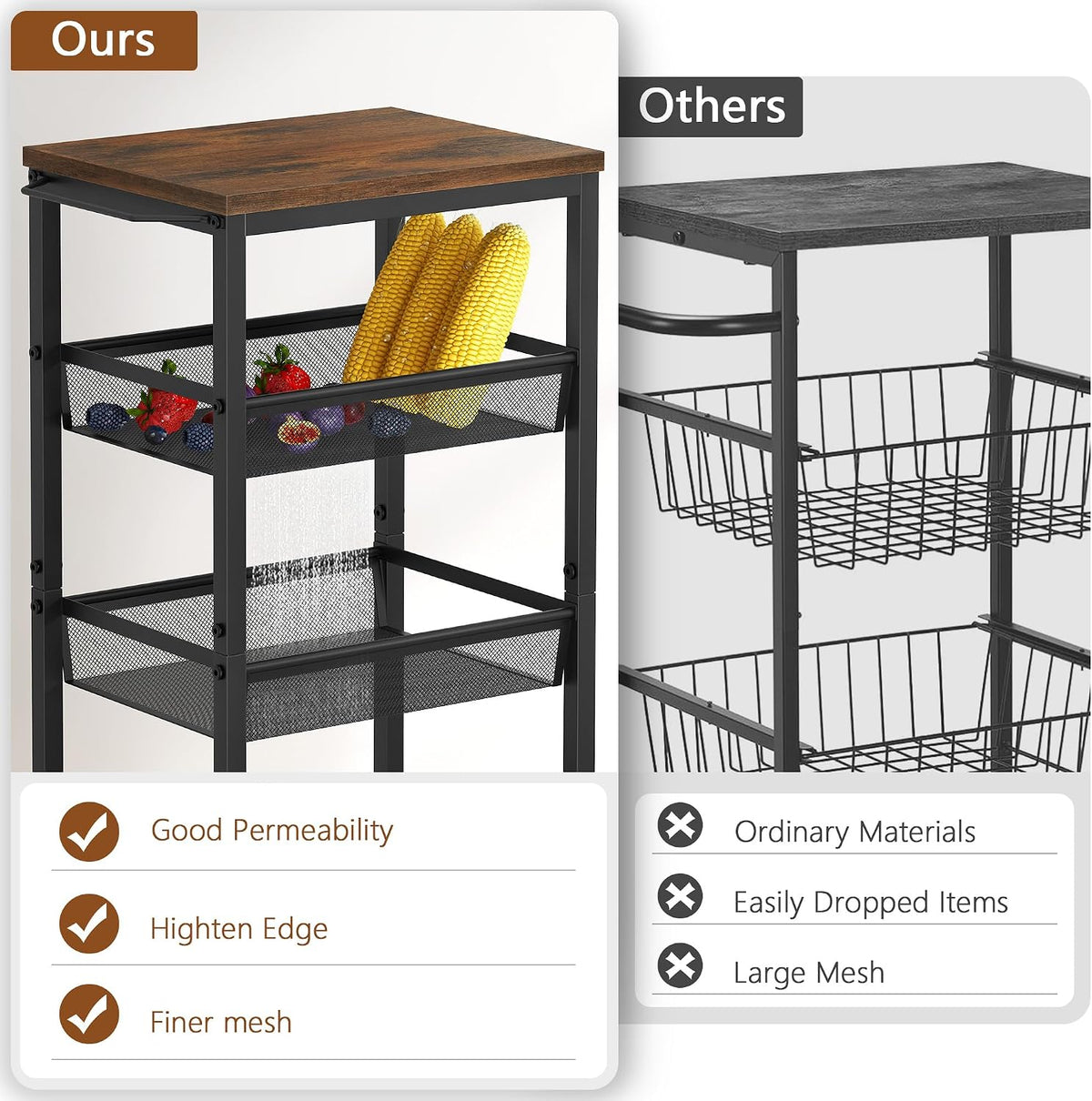 Hoctieon Rolling Storage Cart, 4-Tier 11.8" Wide Panel Kitchen Storage Cart, Utility Carts with Handle & Wheels, Mobile Shelving Unit, Metal Frame Narrow Carts for Home Kitchen, Laundry, Rustic Brown