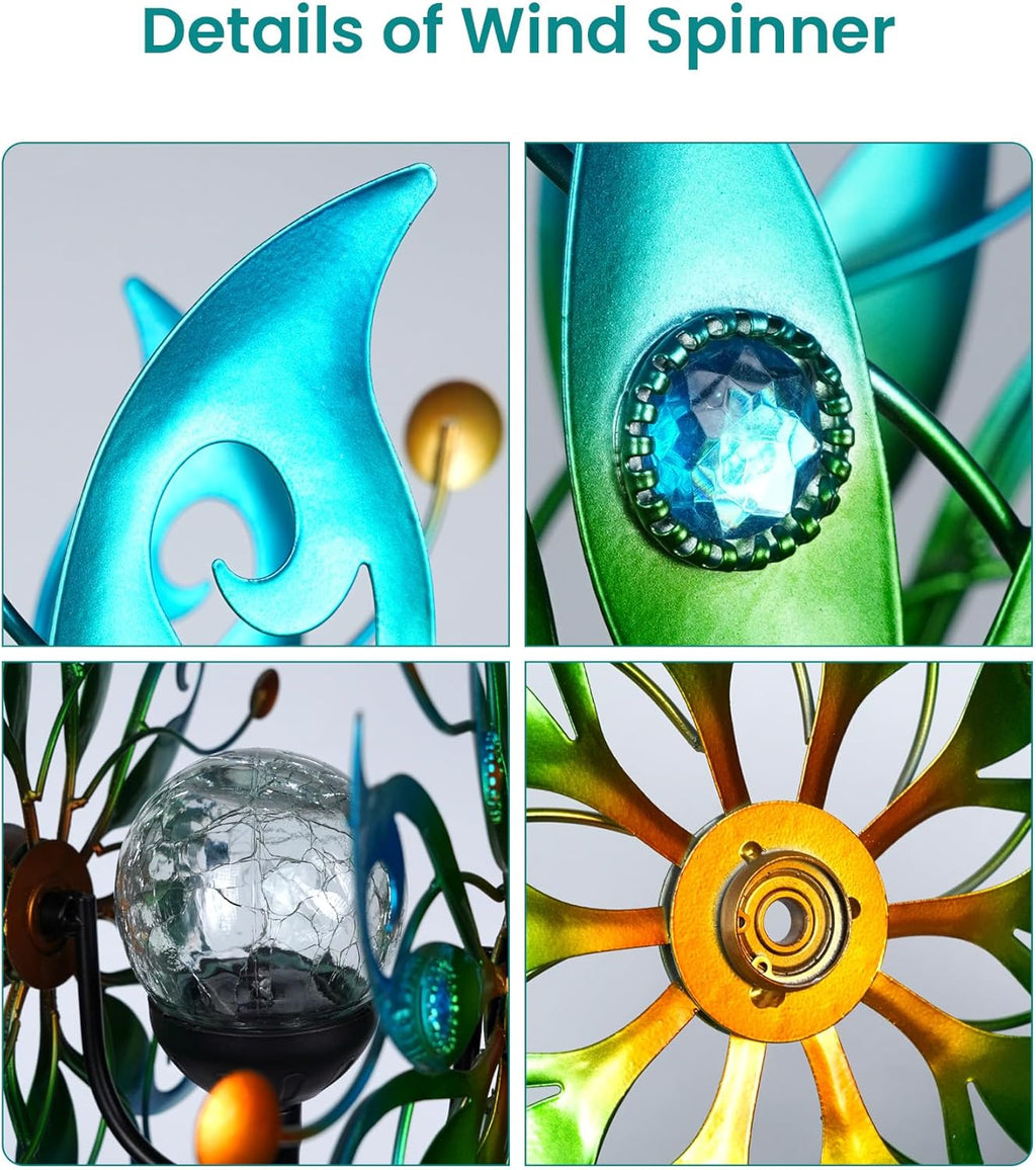 Solar Wind Spinners Outdoor – H63xW13 Metal Kinetic Garden Spinner with Crackle Glass Ball & Built-in Solar Panel – Peacock-Style Yard Wind Sculpture with LED Light