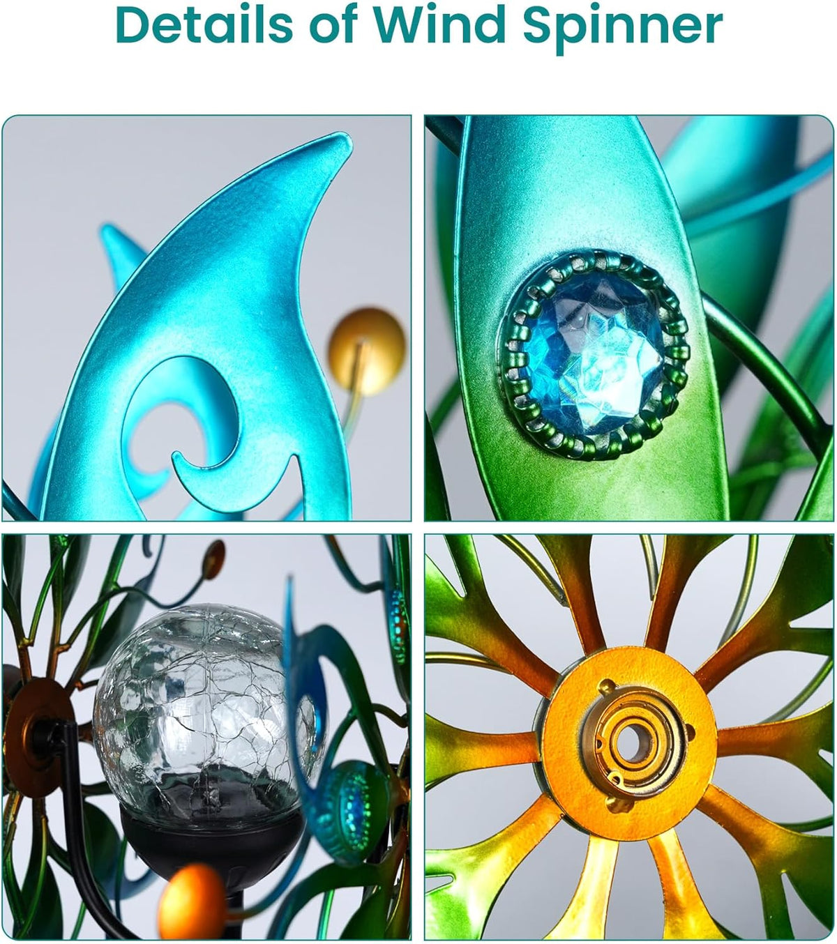 Solar Wind Spinners Outdoor – H63xW13 Metal Kinetic Garden Spinner with Crackle Glass Ball & Built-in Solar Panel – Peacock-Style Yard Wind Sculpture with LED Light
