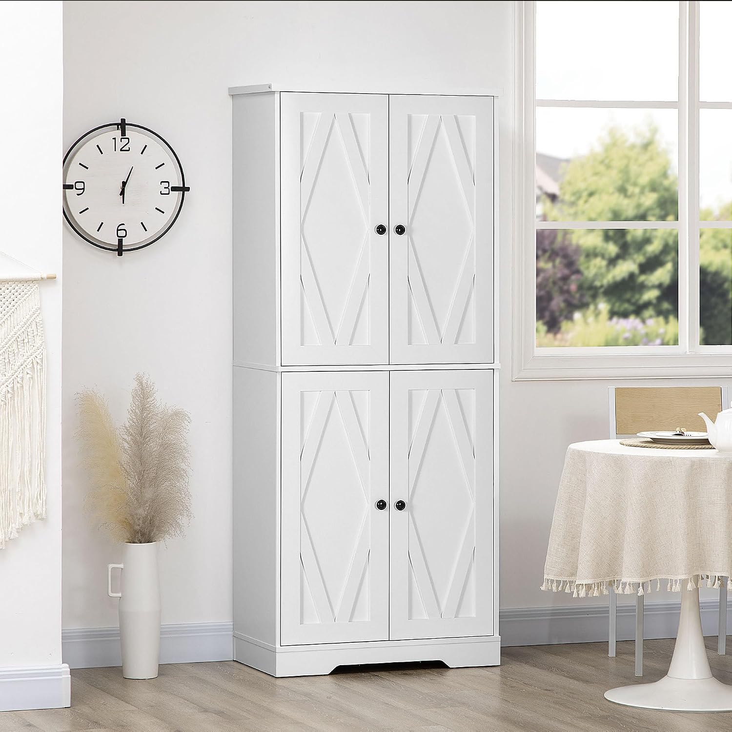 70.75" Farmhouse Kitchen Pantry Cabinet, Freestanding Tall Storage Cabinet with 4 Barn Doors and Adjustable Shelves for Dining Room, White