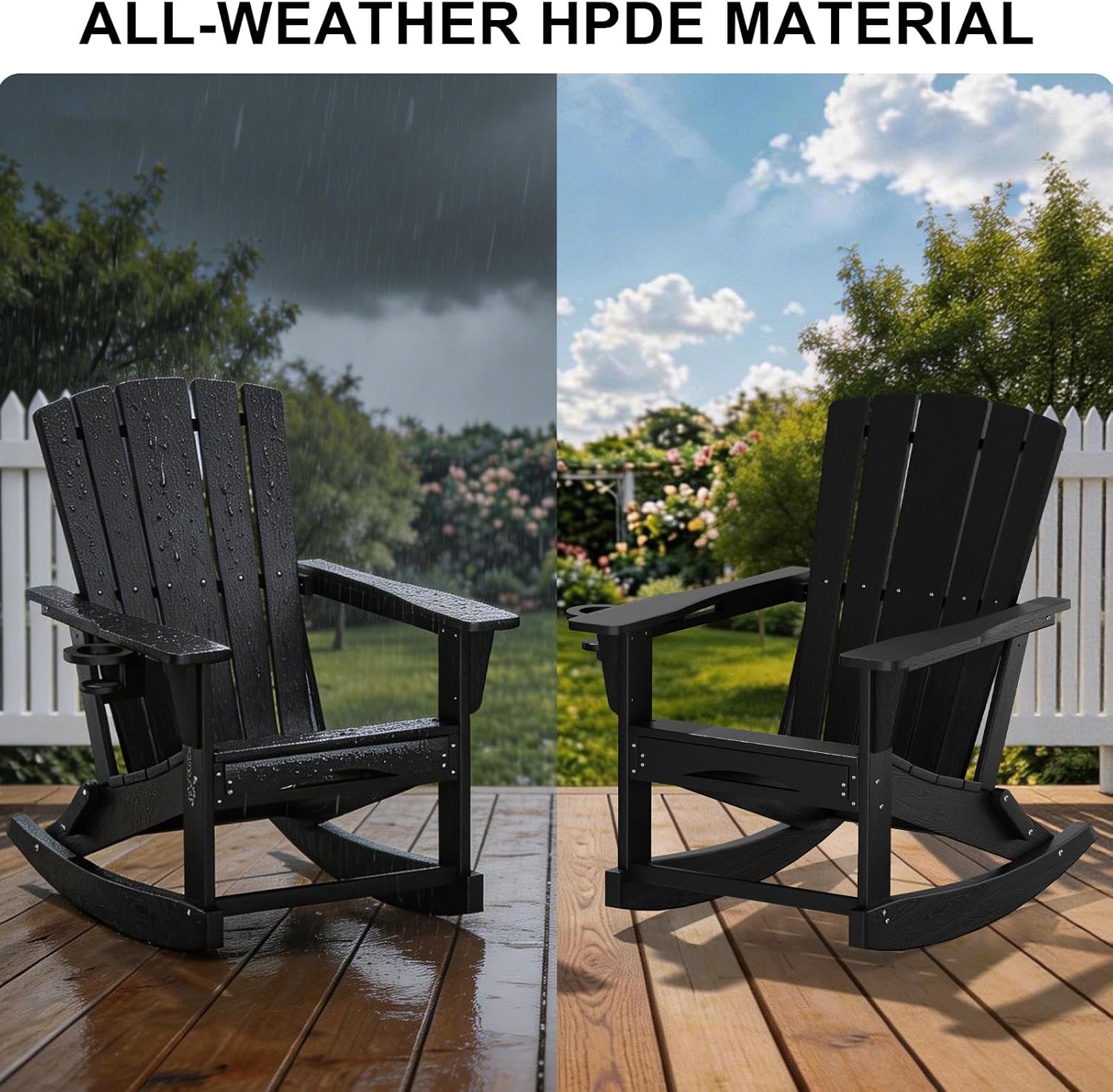 Adirondack Rocking Chair with Retractable Ottoman Set of 2,Outdoor Folding Adirondack Chair with Cup Holder,HDPE All-Weather Patio Lounge Chair for Porch,Lawn, Poolside, Black