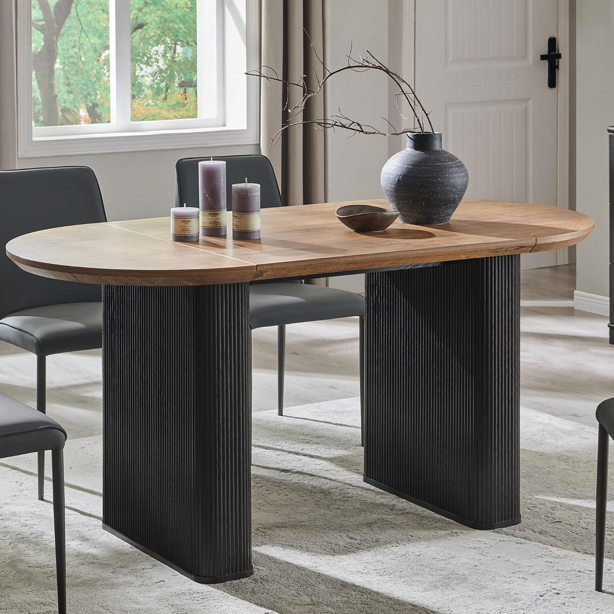 T4TREAM 63" Fluted Oval Dining Table for Kitchen Living Room,Brown&Black