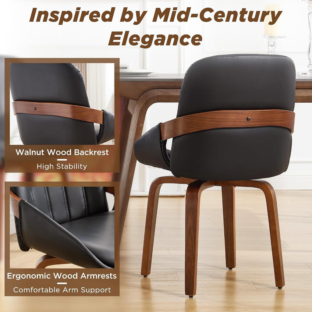 Swivel Dining Chairs Set of 6, Black Leather Dining Room Chairs | Mid Century Modern Upholstered Kitchen Vanity Accent Chair, Walnut Backrest Support with Arm ,Sturdy Wood Leg(Black,Set of 6)