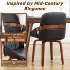Swivel Dining Chairs Set of 6, Black Leather Dining Room Chairs | Mid Century Modern Upholstered Kitchen Vanity Accent Chair, Walnut Backrest Support with Arm ,Sturdy Wood Leg(Black,Set of 6)