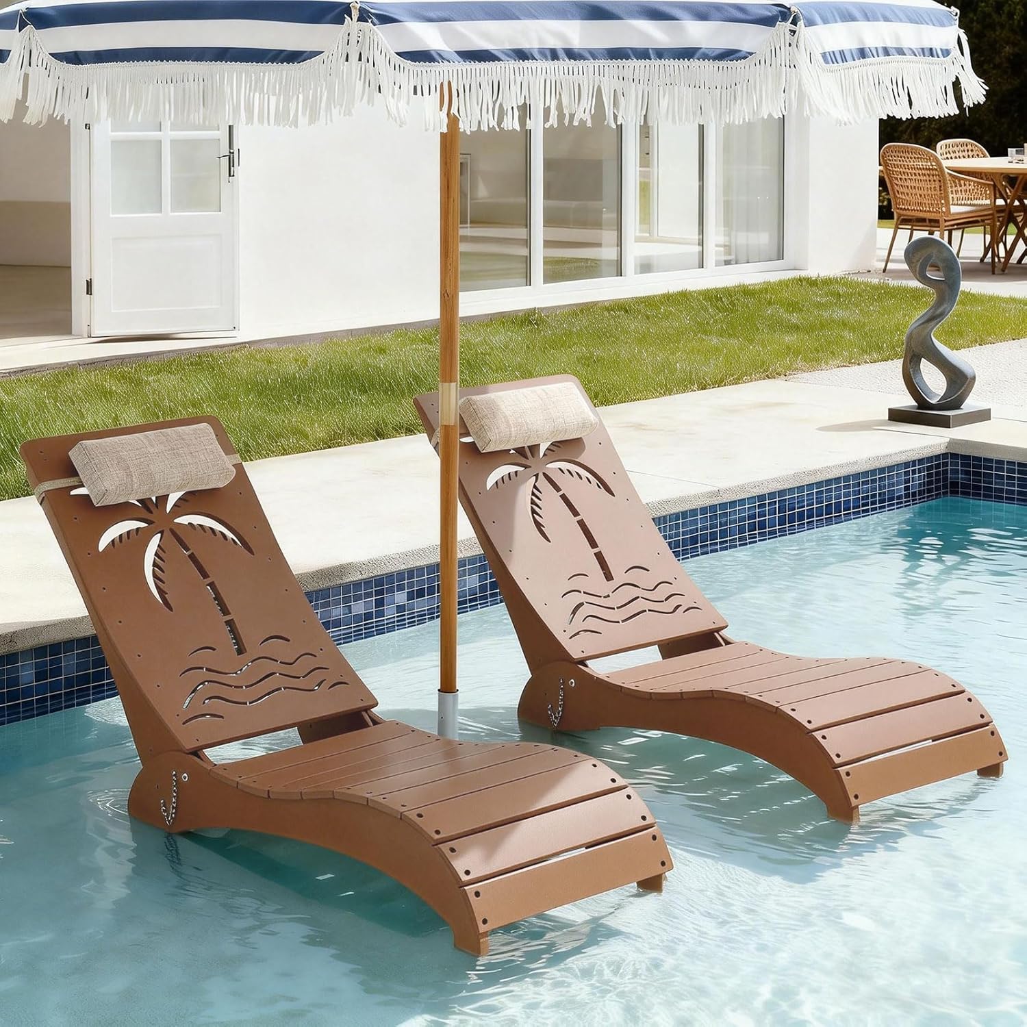 in Pool Lounge Chairs Set of 2, HDPE Pool Chaise Loungers for Sun Shelf up to 9 Inches, Fade-Resistant, 3-Position Adjustable Backrest with Headrest, Ergonomic Poolside Lounger, Teak