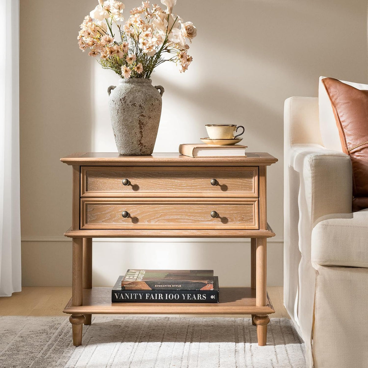 HULALA HOME Farmhouse Nightstand Set of 2 with Drawer & Open Shelf, Natural Wood End Table with Solid Wood Legs, 28.4'' Wide Sofa Side Table with Charging Station(Oak)