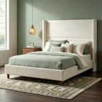 WEUP Queen Size Bed Frame with 56 Inch Corduroy Wingback Headboard, Cream